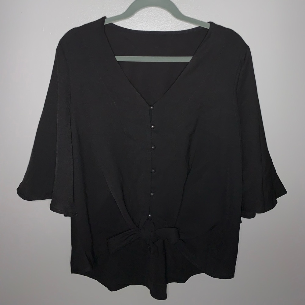 Casual V Neck Tops 3/4 Sleeve Tie Knot Blouses Solid Button Down Shirts